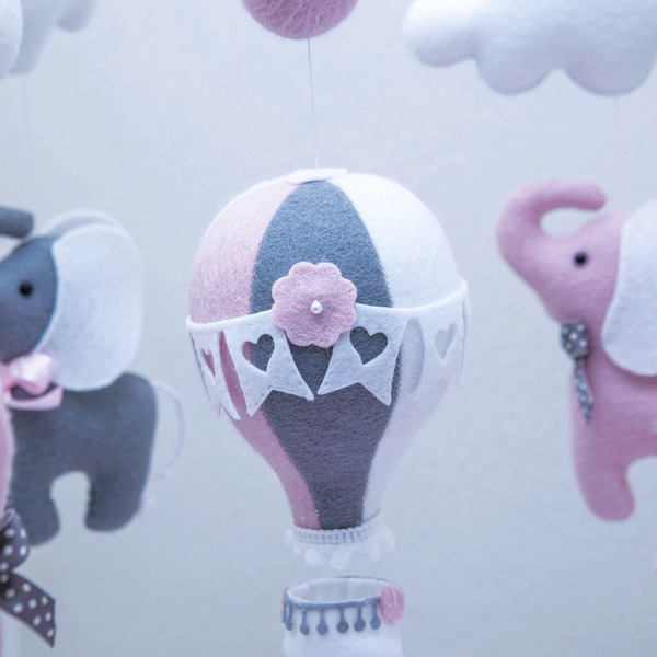Ροζ-γκρι μόμπιλε με αερόστατο και ελεφαντάκια - κορίτσι, αγόρι, μόμπιλε - 3