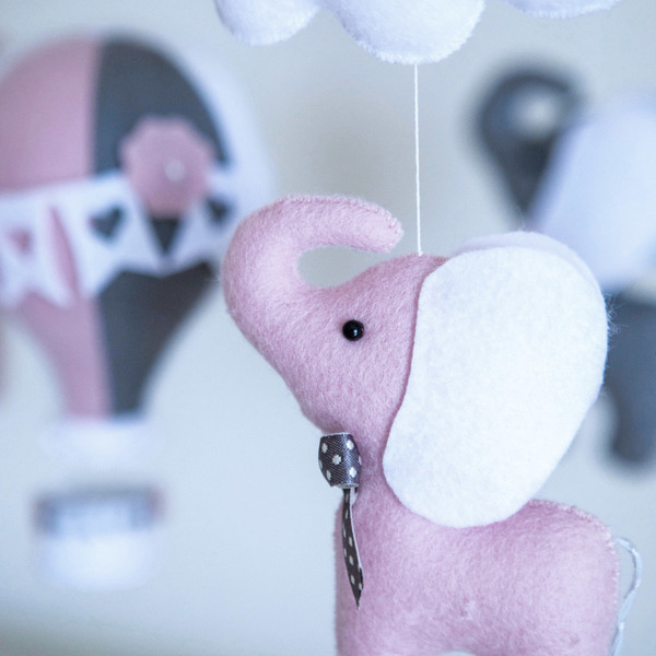 Ροζ-γκρι μόμπιλε με αερόστατο και ελεφαντάκια - κορίτσι, αγόρι, μόμπιλε - 4