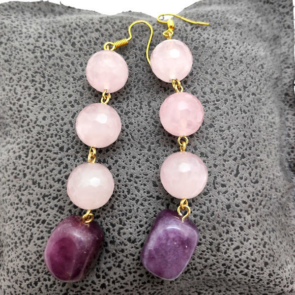 Σκουλαρίκια με ροζ χαλαζία και αμέθυστο. - ασήμι, ημιπολύτιμες πέτρες, επιχρυσωμένα, πέτρες, κρεμαστά - 2