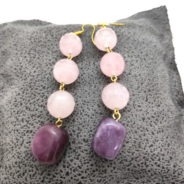 Σκουλαρίκια με ροζ χαλαζία και αμέθυστο. - ασήμι, ημιπολύτιμες πέτρες, επιχρυσωμένα, πέτρες, κρεμαστά - 3