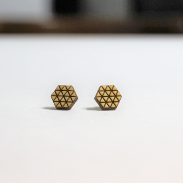 Ξύλινα stud / καρφωτά laser cut σκουλαρίκια - Hexagonsv.2 - χειροποίητα, καρφωτά, ξύλινα κοσμήματα
