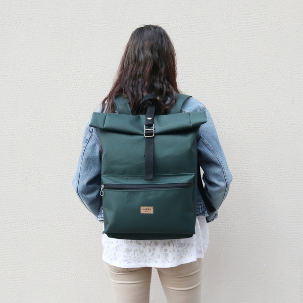Πράσινο Σκούρο Σακίδιο Πλάτης // Roll top Backpack - πλάτης, σακίδια πλάτης, χειροποίητα, all day - 5