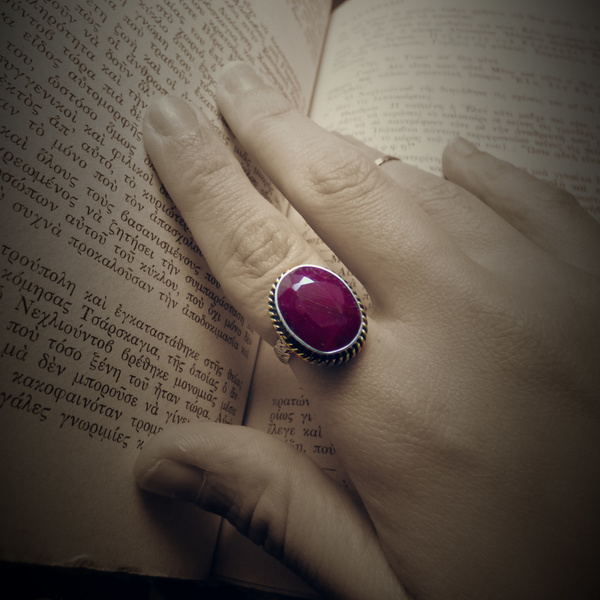 ♚ Ruby red ♚ - Χειροποίητο δαχτυλίδι με ημιπολύτιμο λίθο Ρουμπίνι - ασήμι, αρχαιοελληνικό, αυξομειούμενα - 4
