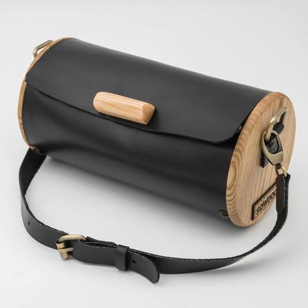 Χειροποίητη τσάντα βαρελάκι με δέρμα και ξύλο - δέρμα, ξύλο, χιαστί, μικρές