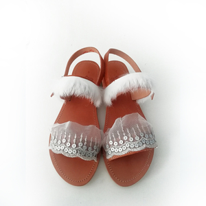 Bridal sandals σε ασημί αποχρώσεις και στοιχεία λευκής γούνας - ύφασμα, boho, νυφικά, φλατ, ankle strap