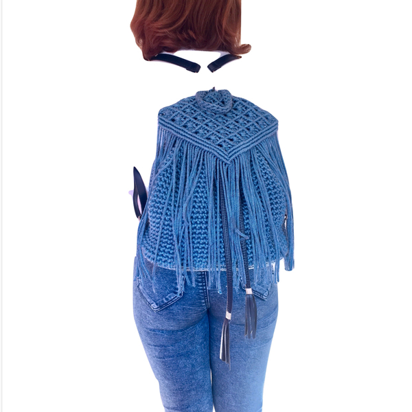 Macrame σακίδιο πλάτης μπλε τζιν - δέρμα, crochet, πλάτης, boho, πλεκτές τσάντες - 4