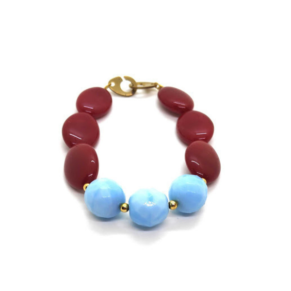 Βραχιόλι με κόκκινο κοράλλι και γαλάζιο αχάτη. - ημιπολύτιμες πέτρες, κοράλλι, επιχρυσωμένα, σταθερά - 2