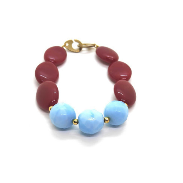 Βραχιόλι με κόκκινο κοράλλι και γαλάζιο αχάτη. - ημιπολύτιμες πέτρες, κοράλλι, επιχρυσωμένα, σταθερά - 3