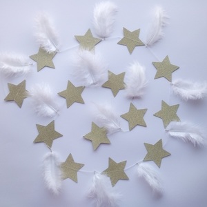 Γιρλάντα με Χρυσά Αστέρια και Λευκά Φτερά - χρυσό, φτερό, κορίτσι, αστέρι, γιρλάντες - 2