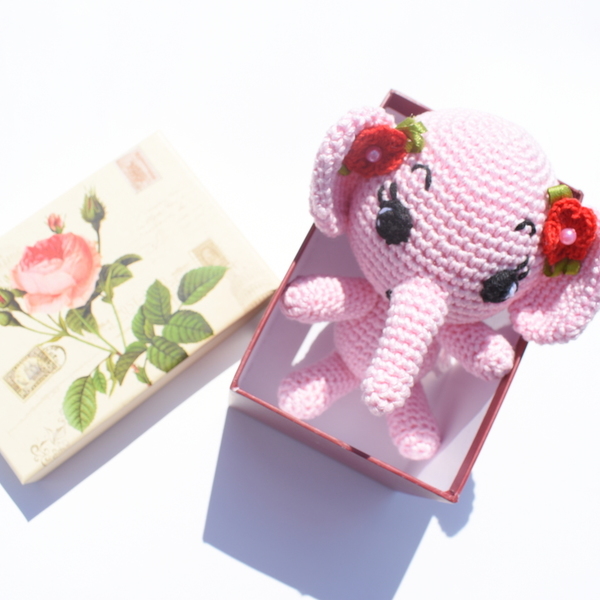Πλεκτό ελεφαντάκι με λουλουδάκια στα αυτιά - κορίτσι, δώρο, λούτρινα, ελεφαντάκι, δώρα για παιδιά - 4