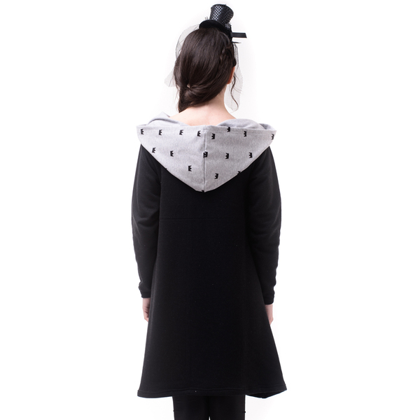 Μαύρο Κοντό Φόρεμα με Κουκούλα Κορώνες - βαμβάκι, mini, πουά - 2