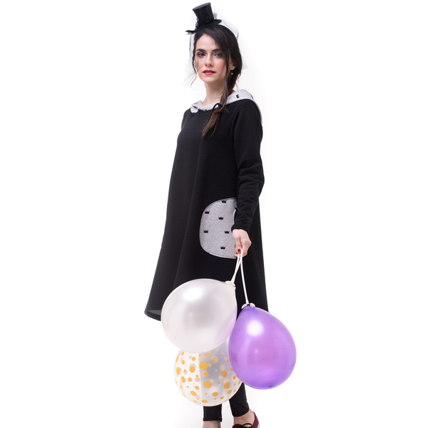 Μαύρο Κοντό Φόρεμα με Κουκούλα Κορώνες - βαμβάκι, mini, πουά - 5