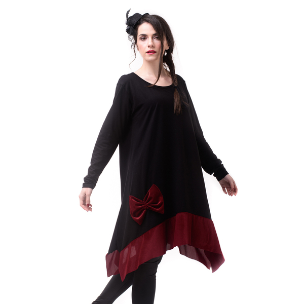 Μαύρο Φόρεμα με Μύτες, Φιόγκο & Φάσα Μπορντό - ριγέ, mini - 3