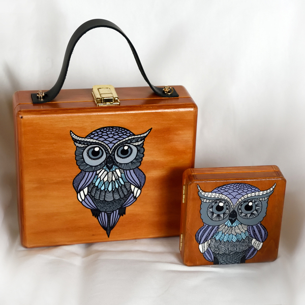 ξύλινη τσάντα + ξύλινο πορτοφόλι ζωγραφισμένο στο χέρι.Για βραδυνή έξοδο και όχι μόνο. - ξύλο, χειρός