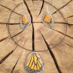 Σετ κολιέ και σκουλαρίκια από φυσικά φτερά πεταλούδας/Set pedant and earrings from real butterfly wings. - πεταλούδα, set, κοντά, boho, σετ κοσμημάτων - 3
