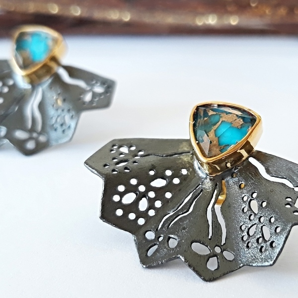Mini Fan Blue Earrings-Ασημένια Σκουλαρίκια Βεντάλια με Μπλε Πέτρες - ασήμι, ημιπολύτιμες πέτρες, χειροποίητα, κρεμαστά - 2