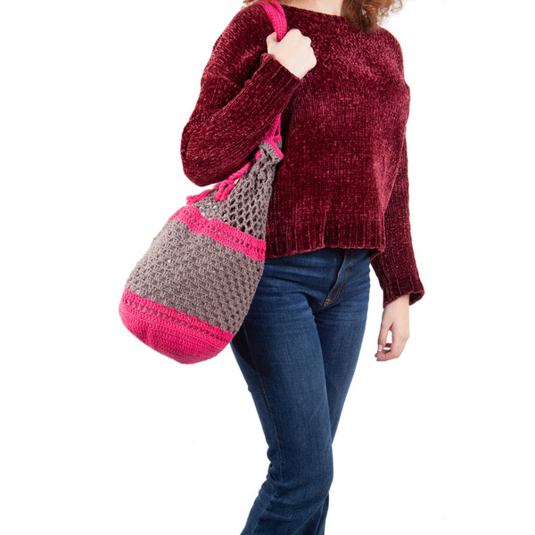 Καλοκαιρινή τσάντα ώμου πουγκί - crochet, minimal, boho, βελονάκι, διχρωμία, πλεκτές τσάντες, χιαστί, ώμου, πουγκί, φθηνές - 3