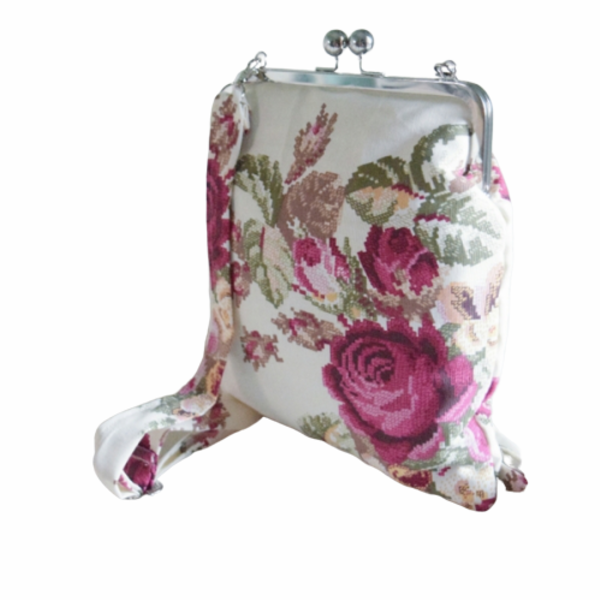 Firenze backpack με μεταλλικό πλαίσιο και floral ύφασμα - πλάτης, φλοράλ, romantic, σακίδια πλάτης, μικρές, βραδινές