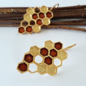 Honeycomb Earrings- Σκουλαρίκια Κηρήθρα Από Επιχρυσωμένο Ασήμι Με Σμάλτο - ασήμι, επιχρυσωμένα, κρεμαστά - 3