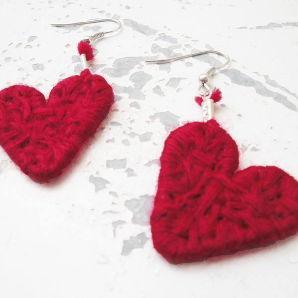 String art σκουλαρίκια καρδιές σκούρο κόκκινο - statement, καρδιά, αγάπη, κρεμαστά, πλεκτά