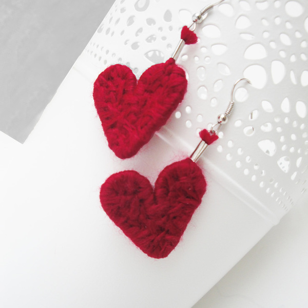 String art σκουλαρίκια καρδιές σκούρο κόκκινο - statement, καρδιά, αγάπη, κρεμαστά, πλεκτά - 2