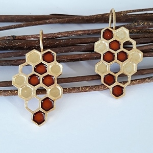 Honeycomb Earrings- Σκουλαρίκια Κηρήθρα Από Επιχρυσωμένο Ασήμι Με Σμάλτο - ασήμι, επιχρυσωμένα, κρεμαστά