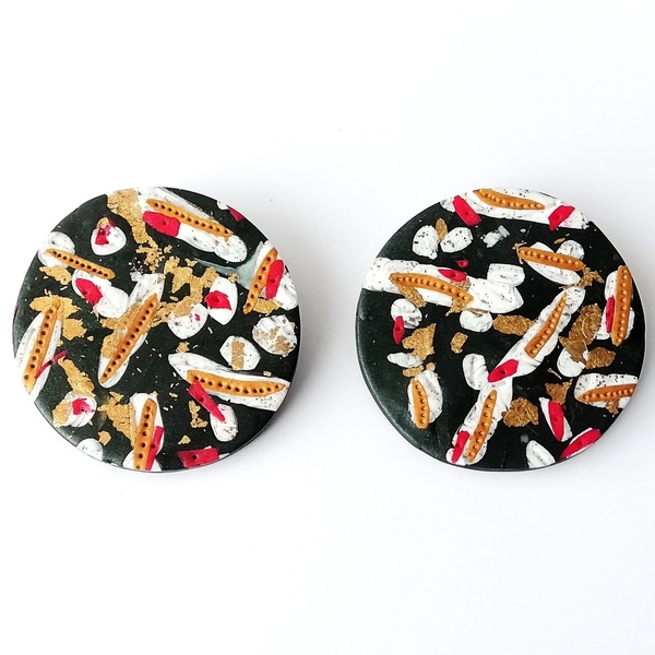 Σκουλαρίκια μεγάλα από πολυμερικό πηλό (Fimo) και φύλλα χρυσού | Big circle abstract earrings - πηλός, γεωμετρικά σχέδια, κρεμαστά, Black Friday