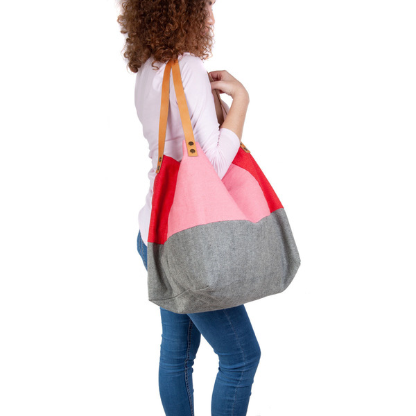 Χειροποίητη τσάντα ώμου oversized διπλής όψης pink - δέρμα, ύφασμα, ώμου, διπλής όψης - 4