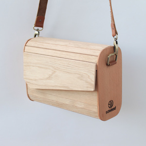 Ξύλινη χειροποίητη τσάντα - δέρμα, ξύλο, χιαστί, μικρές