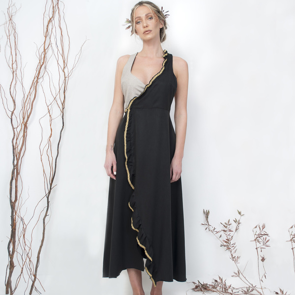 Neda, μακρύ μαύρο κρουαζέ φόρεμα με χιαστί πλάτη - αμάνικο - 2