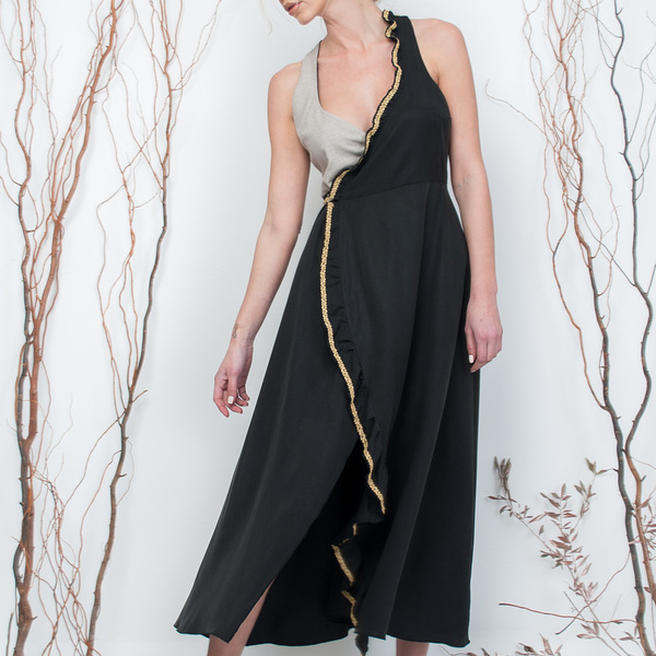 Neda, μακρύ μαύρο κρουαζέ φόρεμα με χιαστί πλάτη - αμάνικο - 4