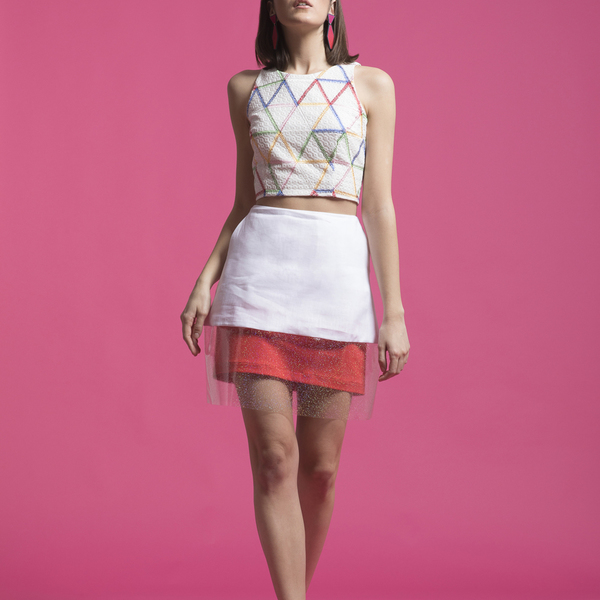 Μίνι λινή φούστα σε γραμμή Α με γυαλιστερό ποδόγυρο από PVC - πολυεστέρας, πλαστικό, mini