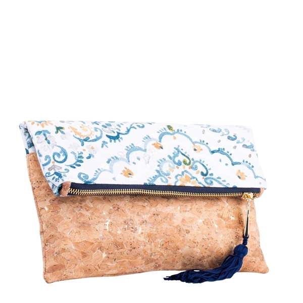 Τσάντα Φάκελος από Φελλό & Boho Ύφασμα "Blue Print" - φάκελοι, χιαστί, απαραίτητα καλοκαιρινά αξεσουάρ, φελλός, γιορτή της μητέρας - 2