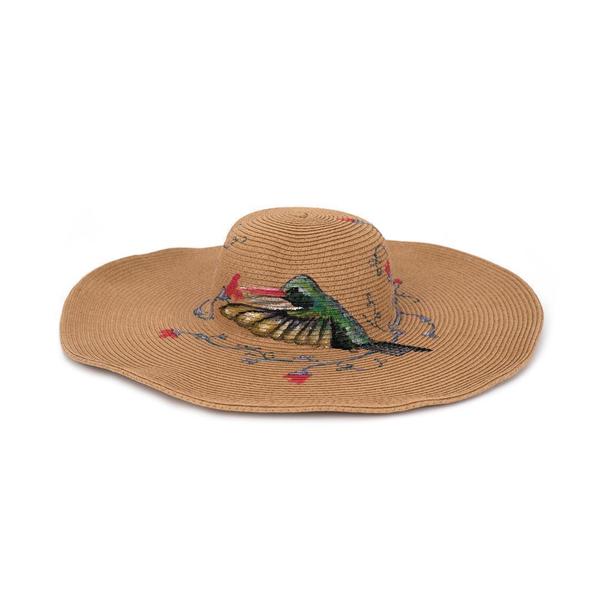 Kolibri Χειροποίητο Μεγάλο Γυναικείο Καπέλο με ζωγραφισμένο πουλί Κολιμπρί - ζωγραφισμένα στο χέρι, απαραίτητα καλοκαιρινά αξεσουάρ, Black Friday, ψάθινα