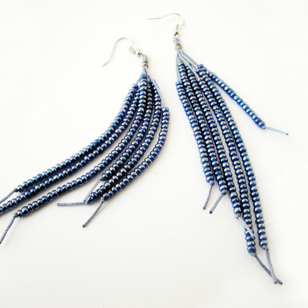 Σκουλαρίκια boho μακριά με χάντρες σε μεταλλικό μπλε γκρι χρώμα - γυναικεία, δώρο, μακριά, κρεμαστά
