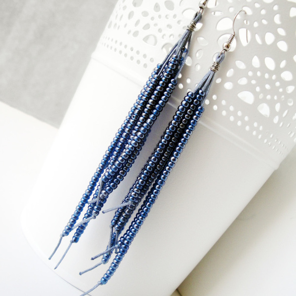 Σκουλαρίκια boho μακριά με χάντρες σε μεταλλικό μπλε γκρι χρώμα - γυναικεία, δώρο, μακριά, κρεμαστά - 2