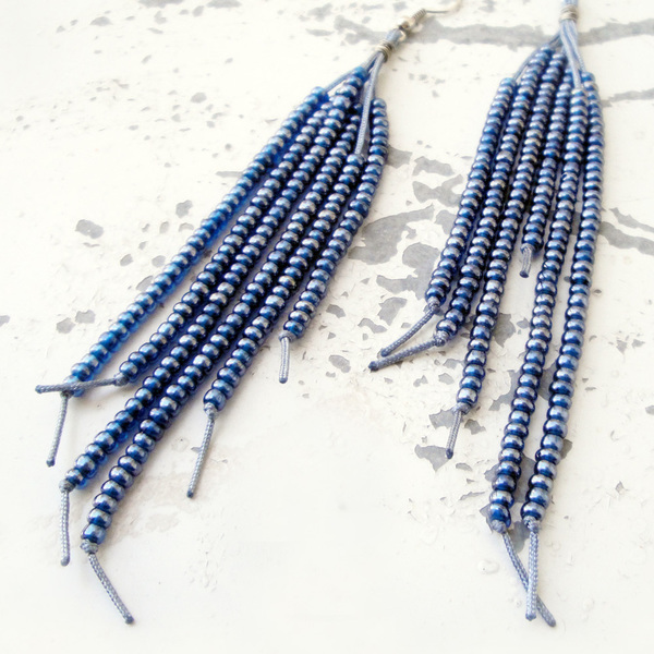 Σκουλαρίκια boho μακριά με χάντρες σε μεταλλικό μπλε γκρι χρώμα - γυναικεία, δώρο, μακριά, κρεμαστά - 4
