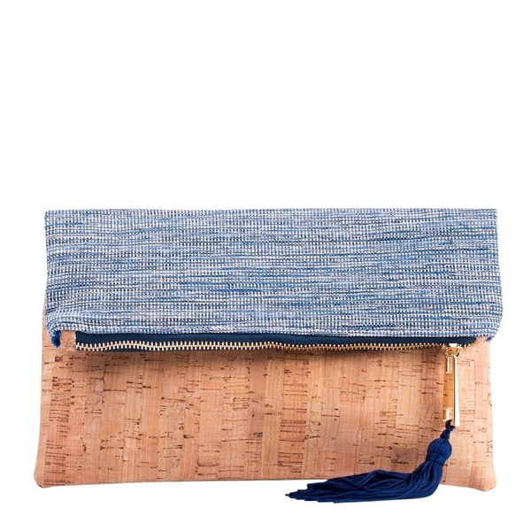 Τσάντα Φάκελος από Φελλό & Ύφασμα "Blue" - clutch, all day, φελλός, δώρα γενεθλίων