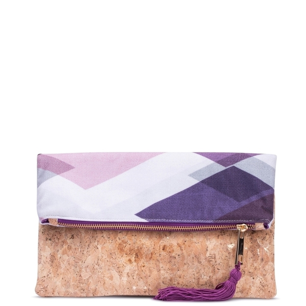 Τσάντα Φάκελος από Φελλό & Ύφασμα "Purple Geometry" - βραδυνά, γεωμετρικά σχέδια, απαραίτητα καλοκαιρινά αξεσουάρ, φελλός, χειρός - 2