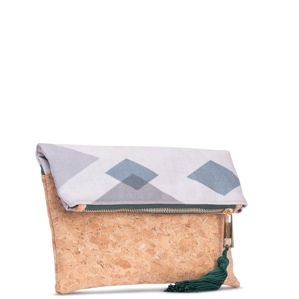 Τσάντα Φάκελος από Φελλό & Ύφασμα "Green Geometry" - chic, βραδυνά, φάκελοι, δώρο, φελλός