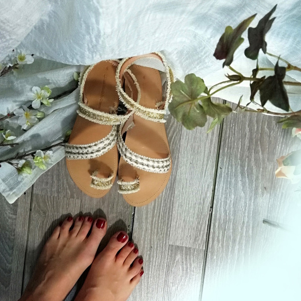 Bridal Sandals σε λευκές και χρυσές αποχρώσεις - δέρμα, boho, νυφικά, φλατ, ankle strap - 2