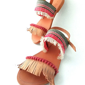 Boho σανδάλια γυναικεία χειροποίητα με κρόσια - δέρμα, boho, φλατ, γάμου - βάπτισης, ankle strap