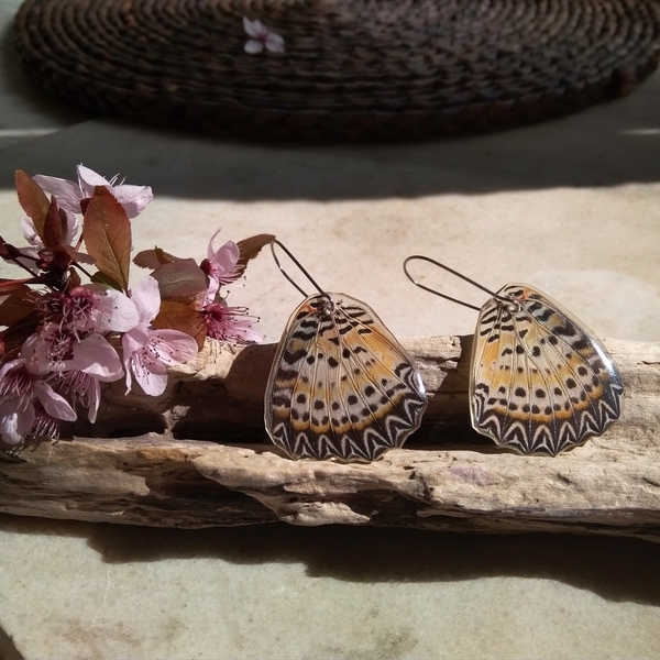Σκουλαρίκια από φυσικά φτερά πεταλούδας - γυαλί, κρεμαστά, μεγάλα - 3