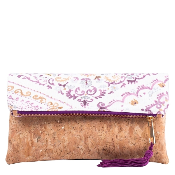 Τσάντα Φάκελος από Φελλό & Boho Ύφασμα "Purple Print" - φάκελοι, δώρο, χιαστί, boho, φελλός