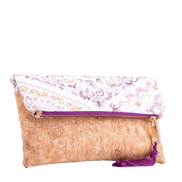 Τσάντα Φάκελος από Φελλό & Boho Ύφασμα "Purple Print" - φάκελοι, δώρο, χιαστί, boho, φελλός - 2