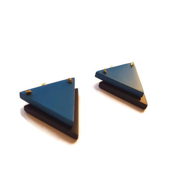 Χειροποίητα ξύλινα σκουλαρίκια τρίγωνa "Equal triangle earrings" - ξύλο, επιχρύσωση 14κ - 5