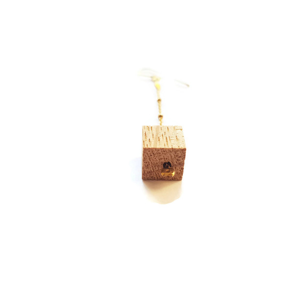 Χειροποίητα ξύλινα σκουλαρίκια κύβος "Cube earrings" - κρεμαστά, επιχρυσωμένα, ασήμι, ξύλο, Black Friday, γάντζος - 4