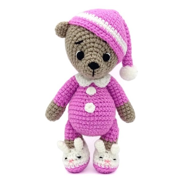 Πλεκτό αρκουδάκι με πιτζάμες - ροζ - δώρα για βάπτιση, λούτρινα, amigurumi, δώρο γέννησης