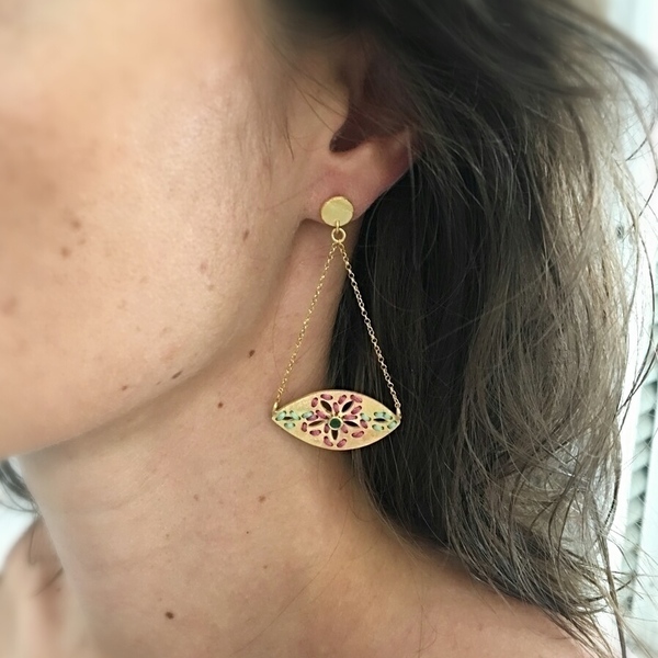 Josephine mini stone earrings-Χειροποίητα Κεντητά Σκουλαρίκια Από Επιχρυσωμένο Ασήμι 925 - ασήμι, ημιπολύτιμες πέτρες, επιχρυσωμένα, κορδόνια, μακριά, boho, ethnic, κρεμαστά - 2