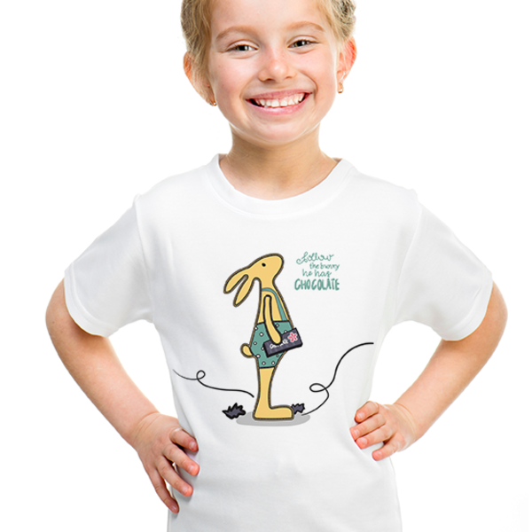 Παιδικό κοντομάνικο μπλουζάκι - Follow the bunny he has chocolate - ΛΑΓΟΣ - βαμβάκι, αγόρι, παιδικά ρούχα, πασχαλινά δώρα, 1-2 ετών - 2